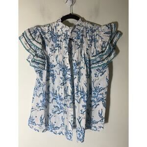 Sohana White Blue Futter Sleeve Cotton Pleated Button Up Top Sz S